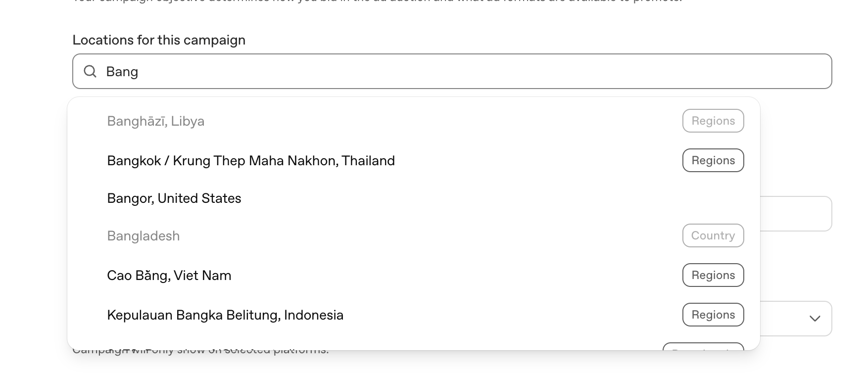 หน้าค้นหาพื้นที่เป้าหมาย Bangkok ใน OpenAI Ads Manager